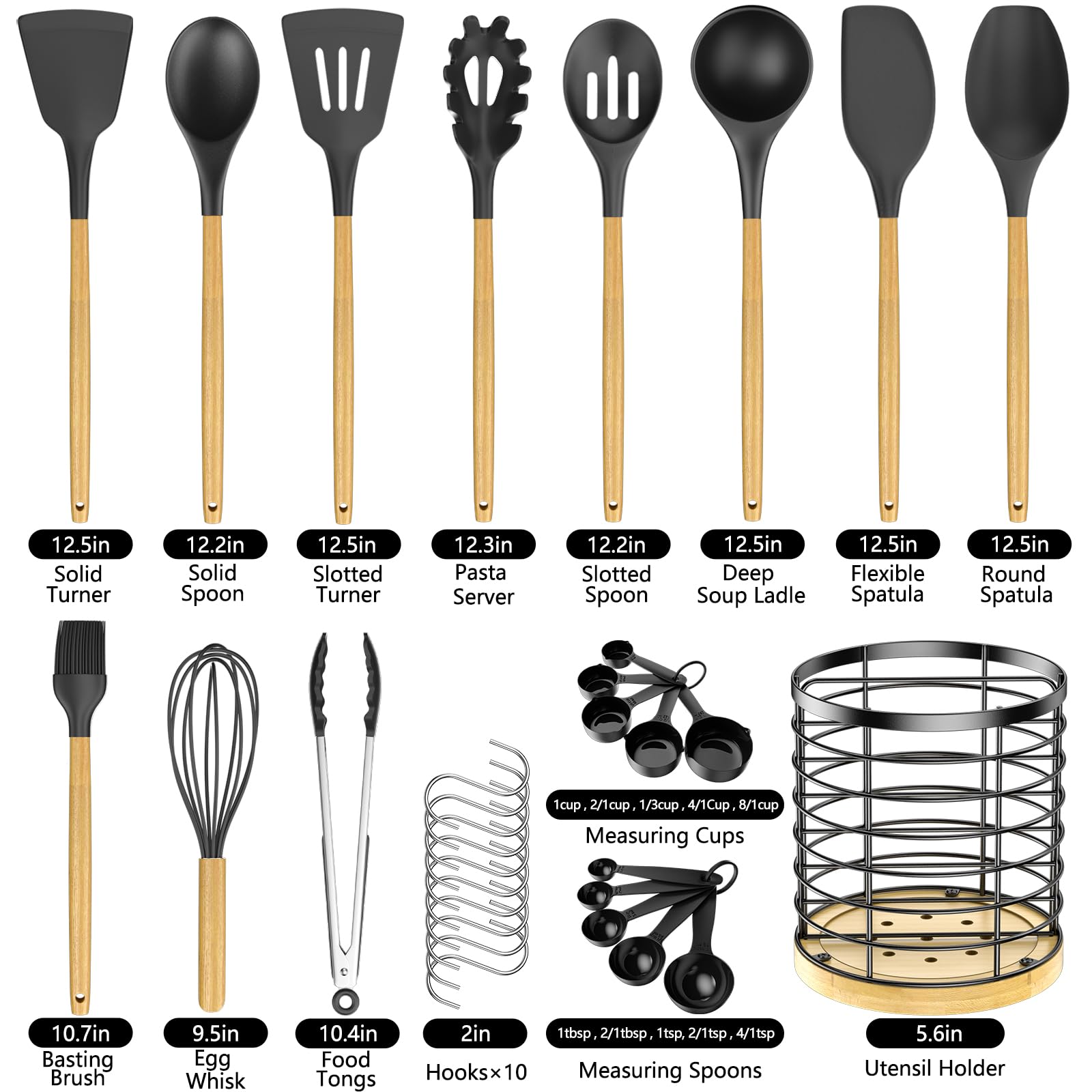 ebeau Cooking Utensils Set with Holder - 32 Pcs Silicone Kitchen Utensils Set - Non-Stick Silicone Spatula Set, BPA Free Wooden Handle Silicone Gadget Set+Utensil Holder