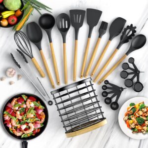 ebeau Cooking Utensils Set with Holder - 32 Pcs Silicone Kitchen Utensils Set - Non-Stick Silicone Spatula Set, BPA Free Wooden Handle Silicone Gadget Set+Utensil Holder