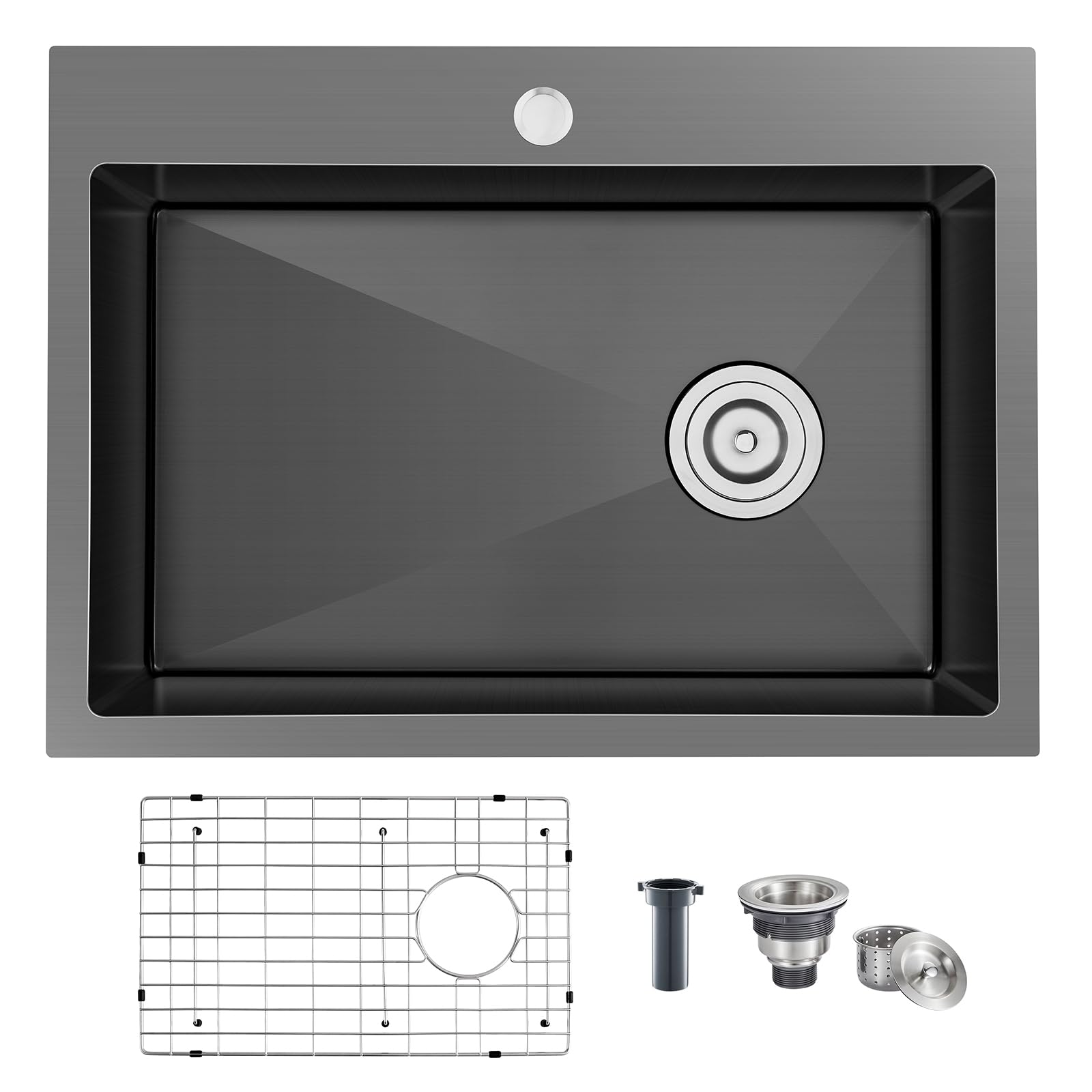 KINKIB 26 inch Drop-in Black Kitchen Sink Single Bowl, Topmount Kitchen Sink with Protective Bottom Grid, Overmount 304 Stainless Steel Kitchen Bar Sink Handmade with Basket Strainer, 26×18×9 inch