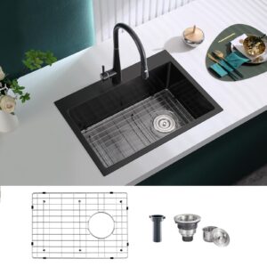 KINKIB 26 inch Drop-in Black Kitchen Sink Single Bowl, Topmount Kitchen Sink with Protective Bottom Grid, Overmount 304 Stainless Steel Kitchen Bar Sink Handmade with Basket Strainer, 26×18×9 inch