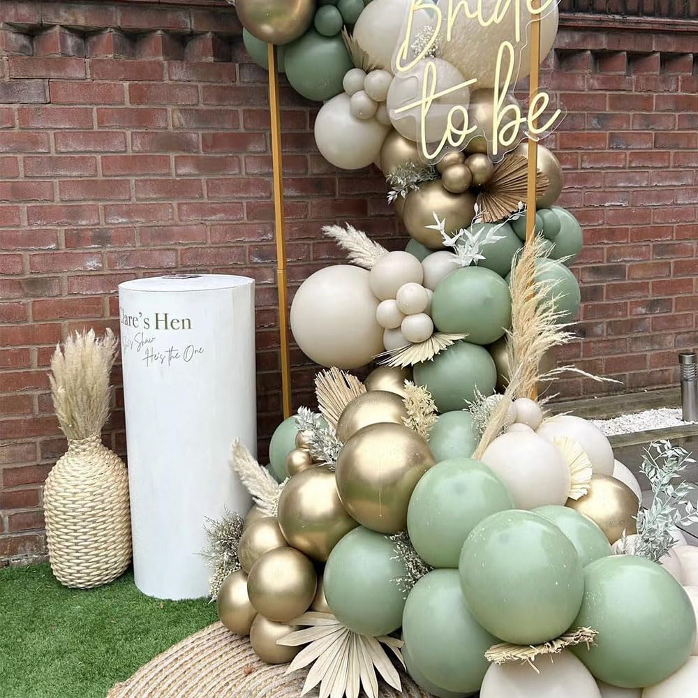 Sage Green Balloon Garland Arch Kit 153pcs Sand White Chrome Metallic Gold Avocado Olive Boho Pastel Balloons for Baby Shower Birthday Wedding Jungle Safari Party Decorations