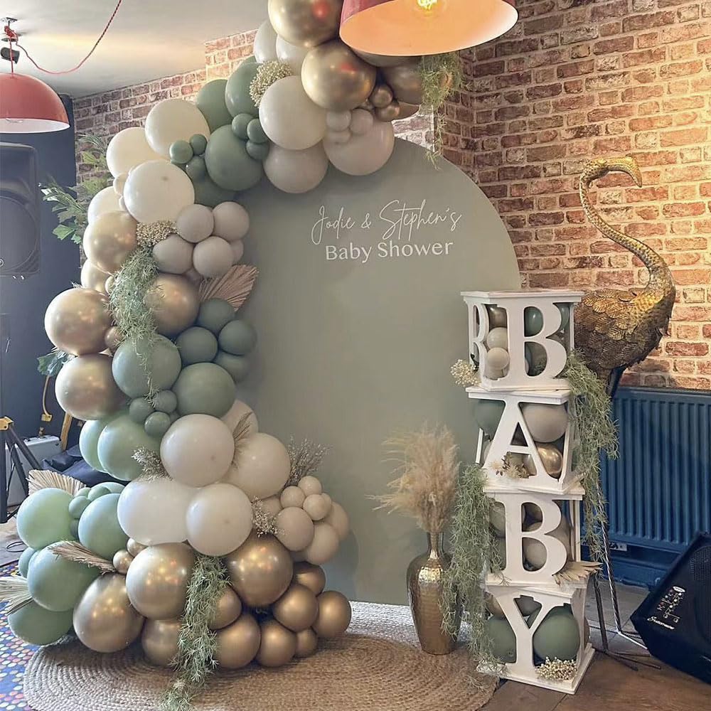 Sage Green Balloon Garland Arch Kit 153pcs Sand White Chrome Metallic Gold Avocado Olive Boho Pastel Balloons for Baby Shower Birthday Wedding Jungle Safari Party Decorations