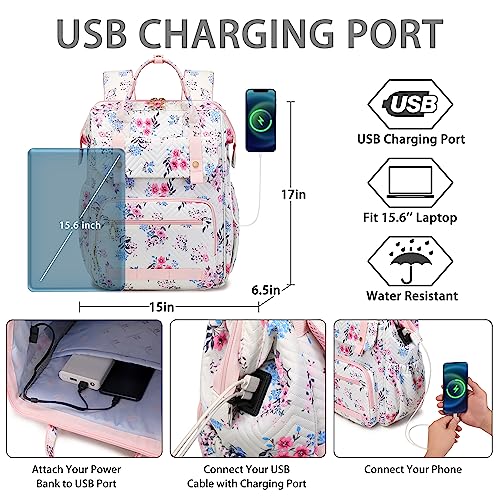 Travel Laptop Backpack for Women, Work Business College School Computer Bag Large Girls Nurse Teacher Bookbags Anti Theft Daypack Backpacks Purse with USB Charging Port , Fit for 15.6 Inch Laptops