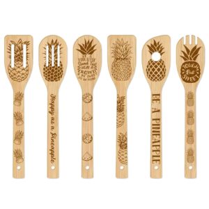 GLOBLELAND 6Pcs Pineapple Bamboo Cooking Utensils Wooden Engraved Cooking Spoons Set Carving Kitchen Bamboo Spatula Set Wood Cooking Spoon for Kitchen Fun House Warming Gift