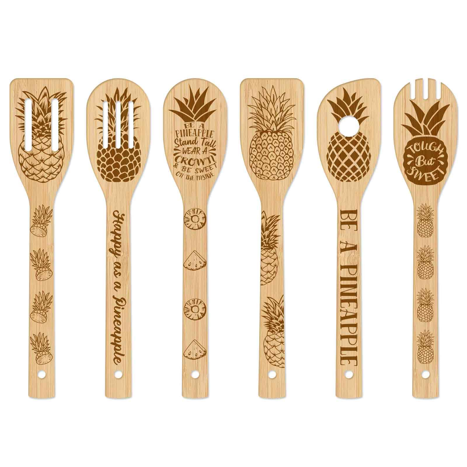 GLOBLELAND 6Pcs Pineapple Bamboo Cooking Utensils Wooden Engraved Cooking Spoons Set Carving Kitchen Bamboo Spatula Set Wood Cooking Spoon for Kitchen Fun House Warming Gift