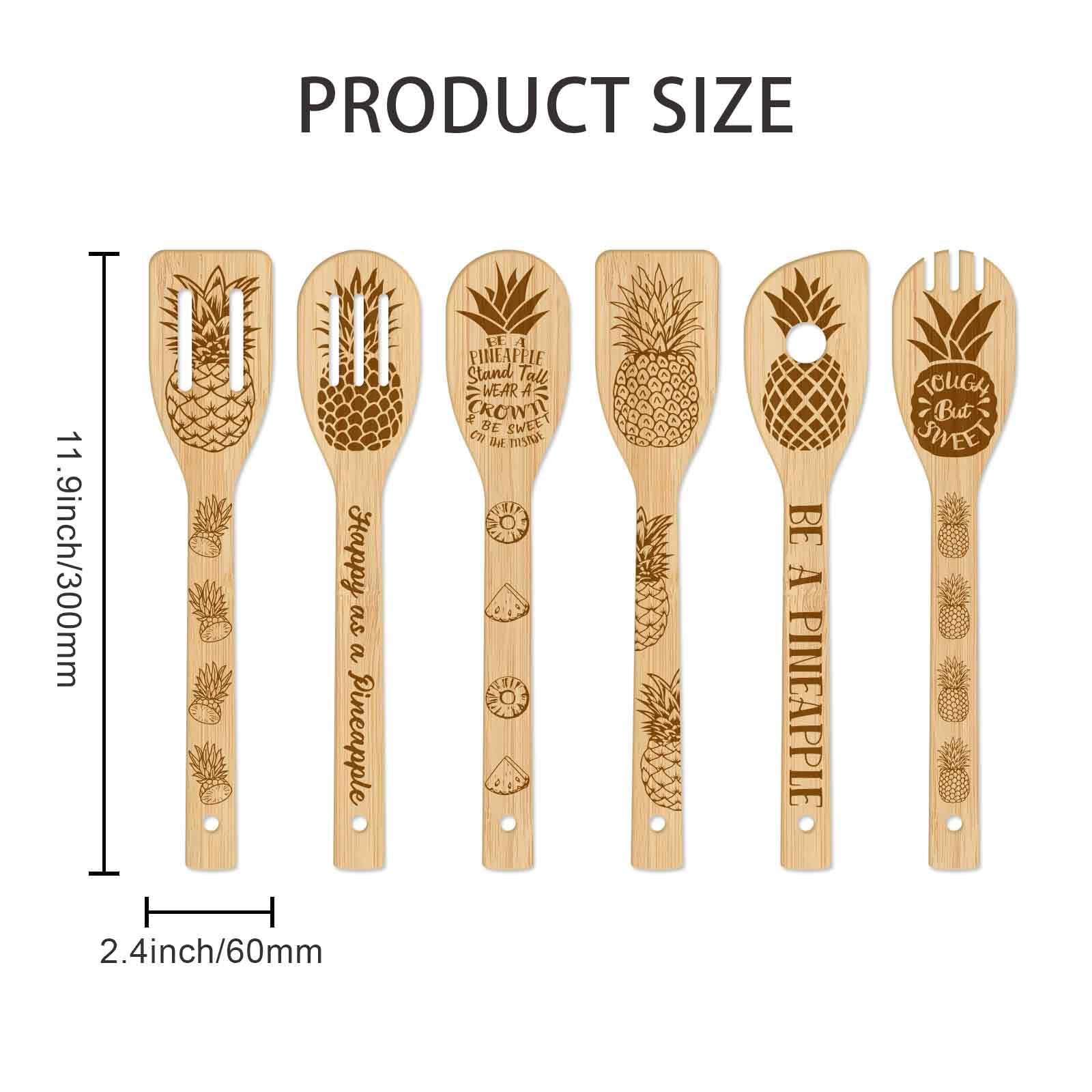 GLOBLELAND 6Pcs Pineapple Bamboo Cooking Utensils Wooden Engraved Cooking Spoons Set Carving Kitchen Bamboo Spatula Set Wood Cooking Spoon for Kitchen Fun House Warming Gift