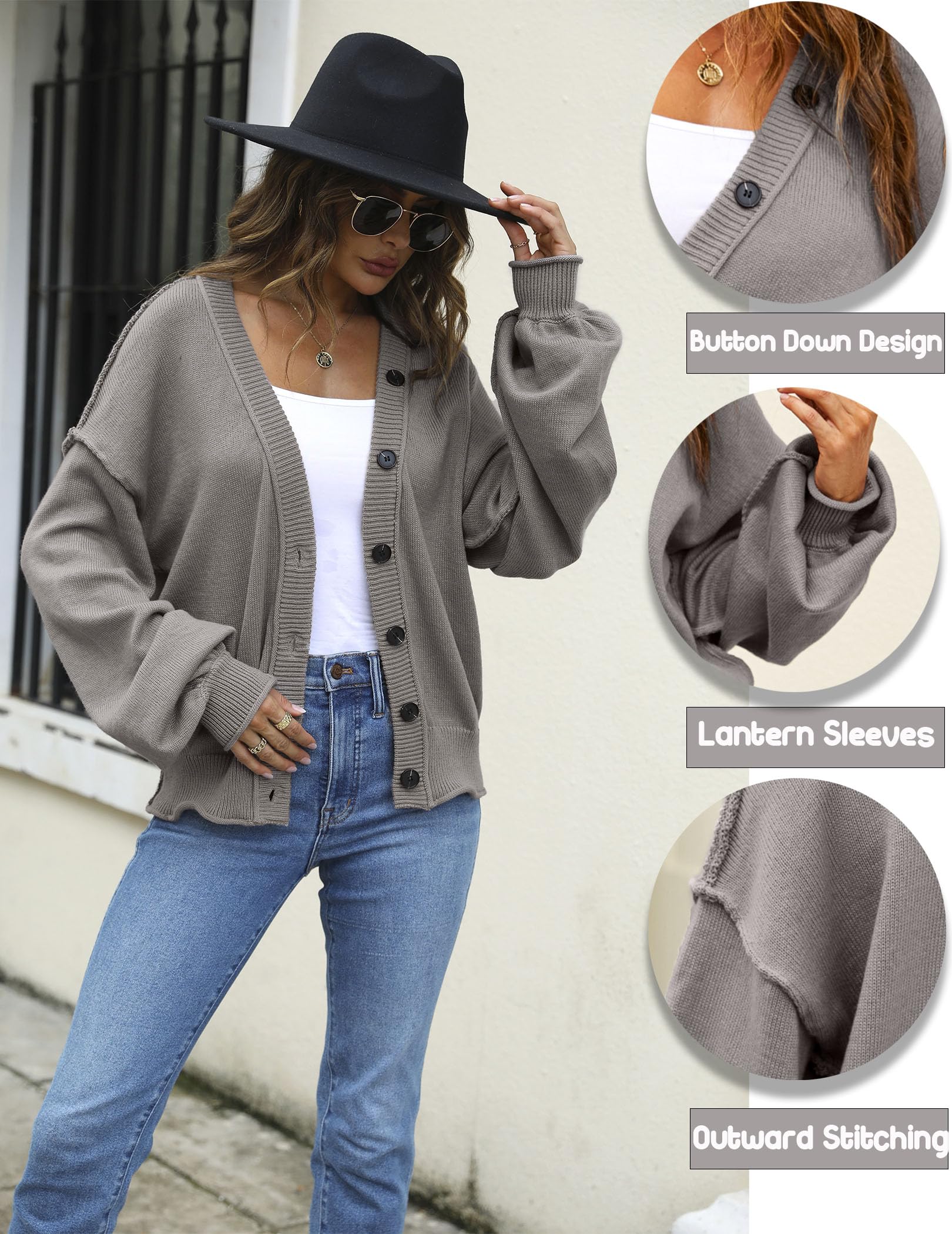 GAMISS Lantern Sleeve Cardigan Sweater for Women Oversized Cardigan Tops Button Down Trendy Tops Grey, XL