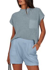 anrabess women's two piece summer outfits knit sweater short sets pullover tops & shorts lounge matching clothes set sky x-large