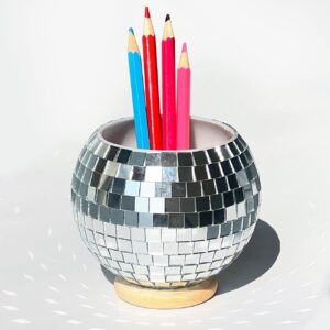 flidrunest disco pen holder, sequin pen holder for desk, luxury pencil case with base, makeup brush holder, desk accessories multifunctional pencil cup for home, office, classroom, silver