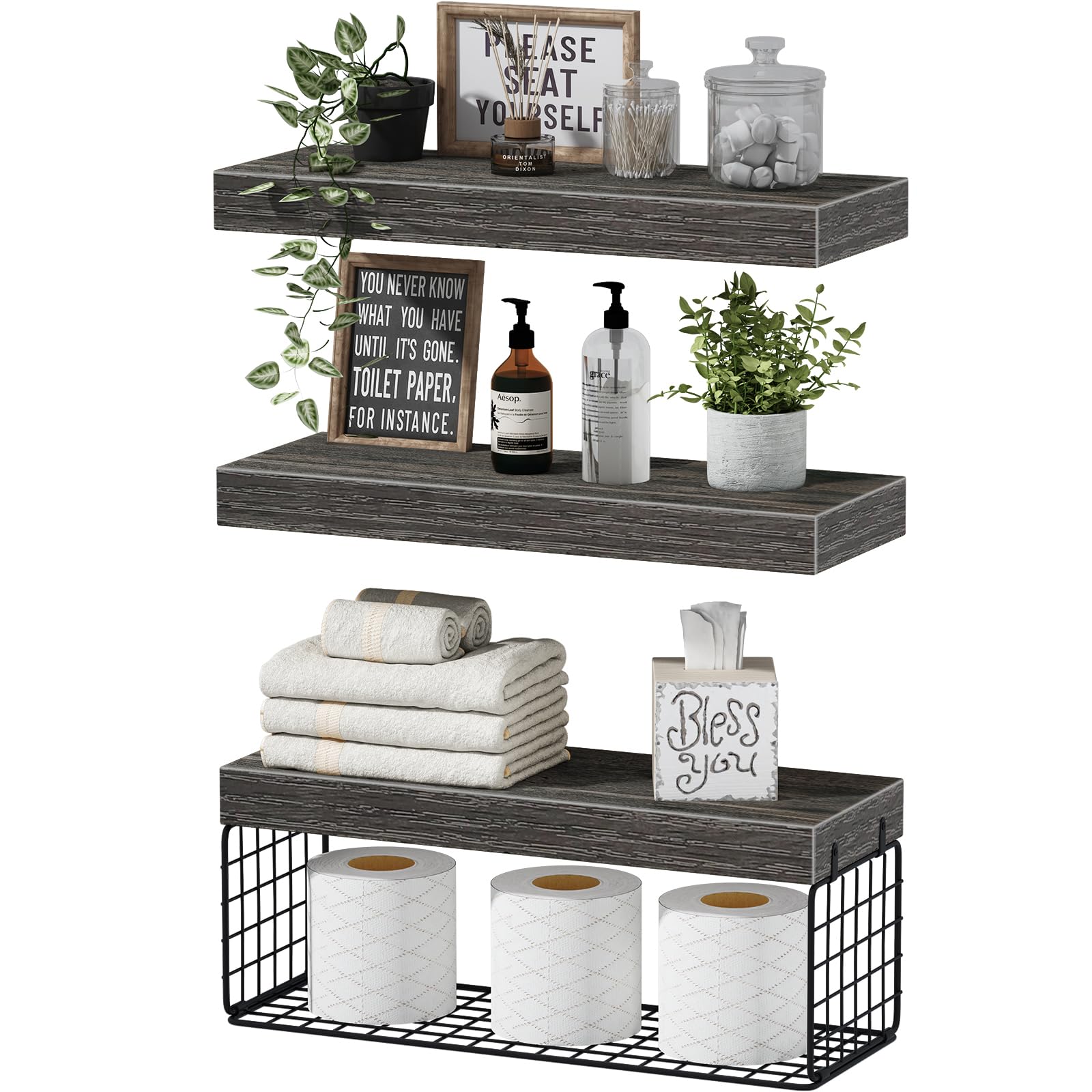 QEEIG Bathroom Shelves Over Toilet Wall Mounted Floating Shelves Farmhouse Shelf Toilet Paper Storage Small 16 inch Set of 3, Rusitc Grey (019-GY3)