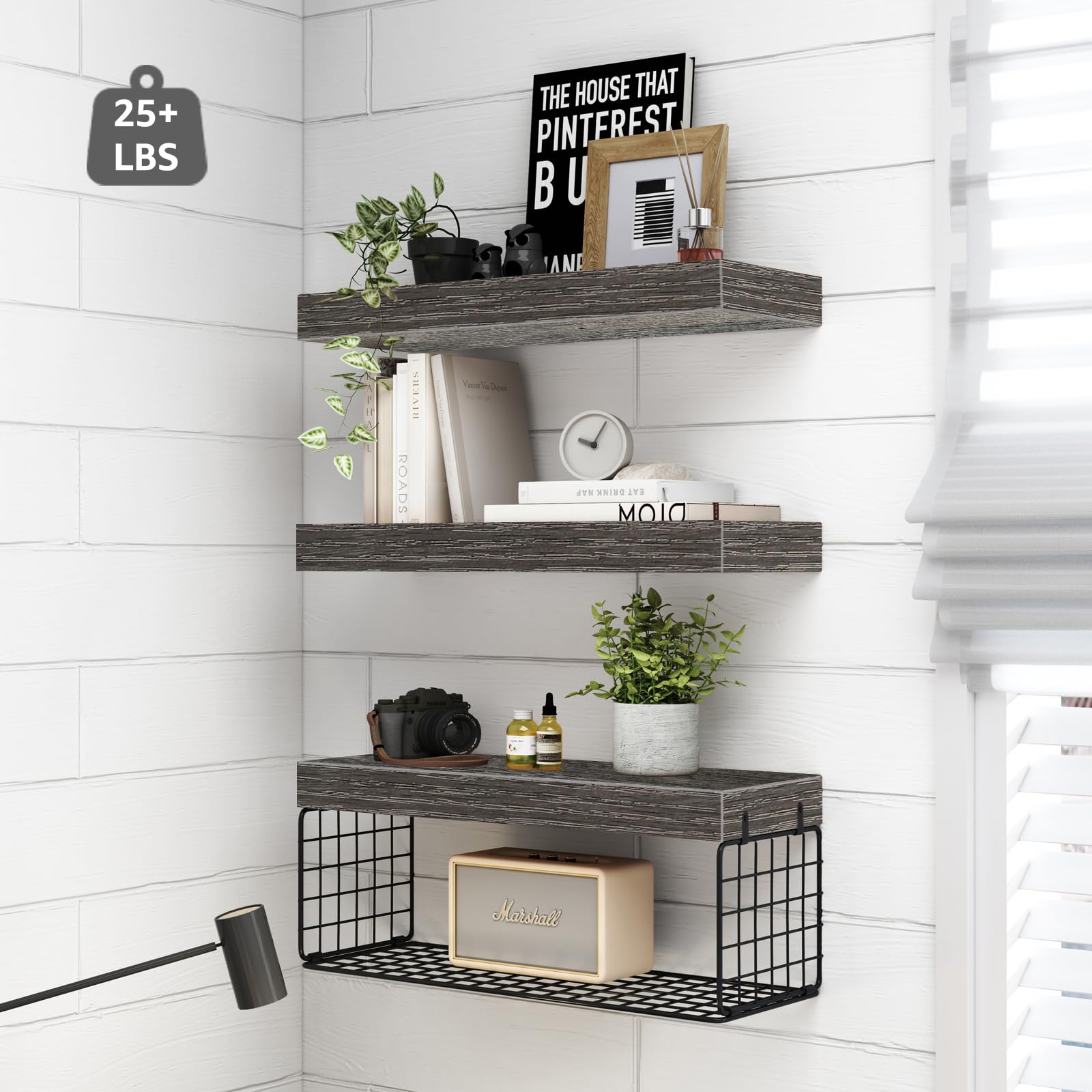 QEEIG Bathroom Shelves Over Toilet Wall Mounted Floating Shelves Farmhouse Shelf Toilet Paper Storage Small 16 inch Set of 3, Rusitc Grey (019-GY3)