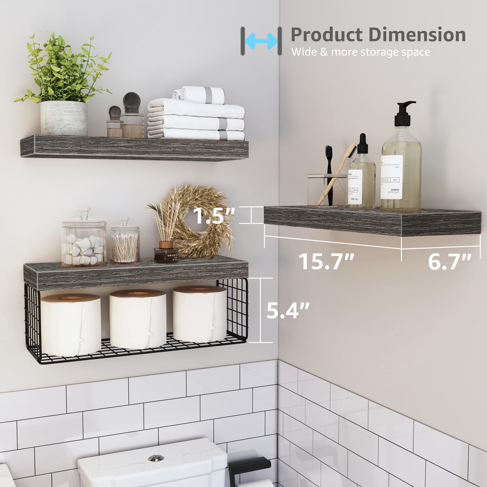 QEEIG Bathroom Shelves Over Toilet Wall Mounted Floating Shelves Farmhouse Shelf Toilet Paper Storage Small 16 inch Set of 3, Rusitc Grey (019-GY3)