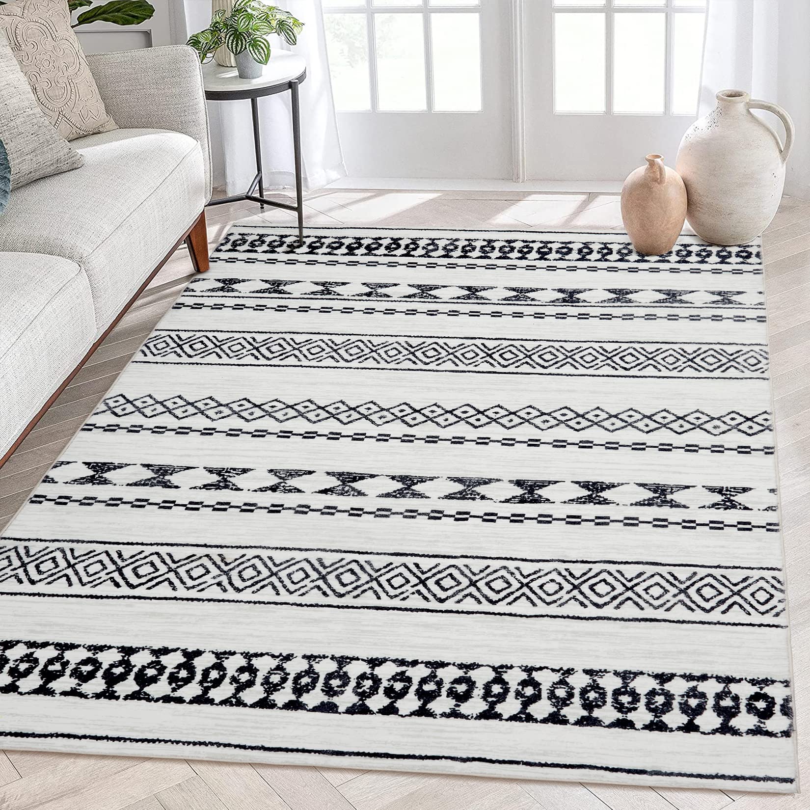 ROYHOME 8x10 Washable Rug for Living Room Bohemian Farmhouse Area Rug Stain Resistant Area Rug Modern Geometric Area Rug for Bedroom Dining Room Home Office, 8' x 10' Black/White