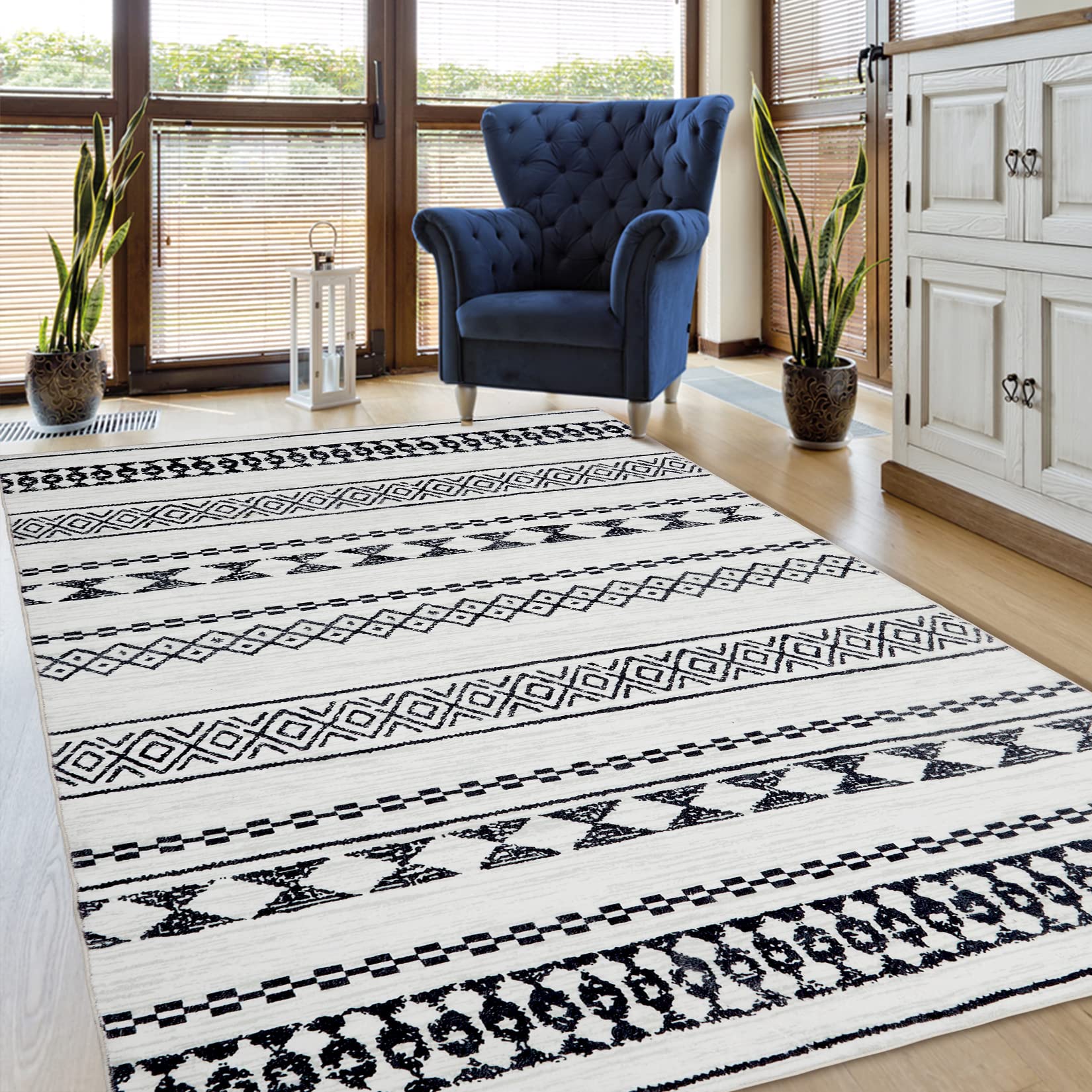 ROYHOME 8x10 Washable Rug for Living Room Bohemian Farmhouse Area Rug Stain Resistant Area Rug Modern Geometric Area Rug for Bedroom Dining Room Home Office, 8' x 10' Black/White