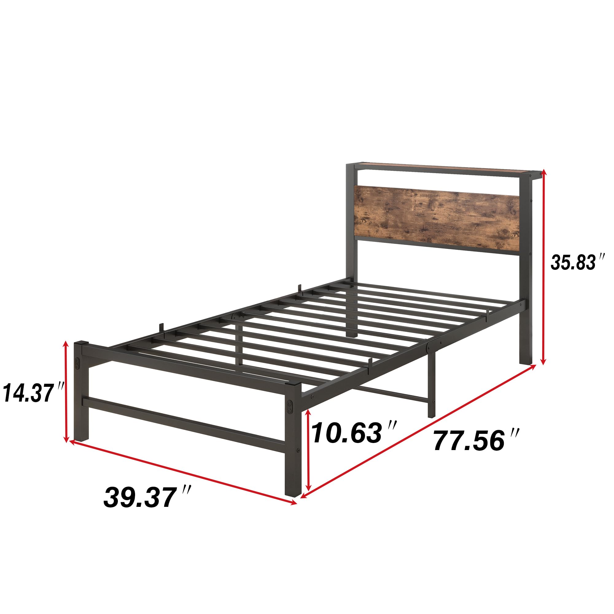 ARFARLY Twin Bed Frames Platform Bed Frame with Wood Storage Headboard No Box Spring Needed,Strong Slats Mattress Foundation,Easy Assembly,Black+Brown