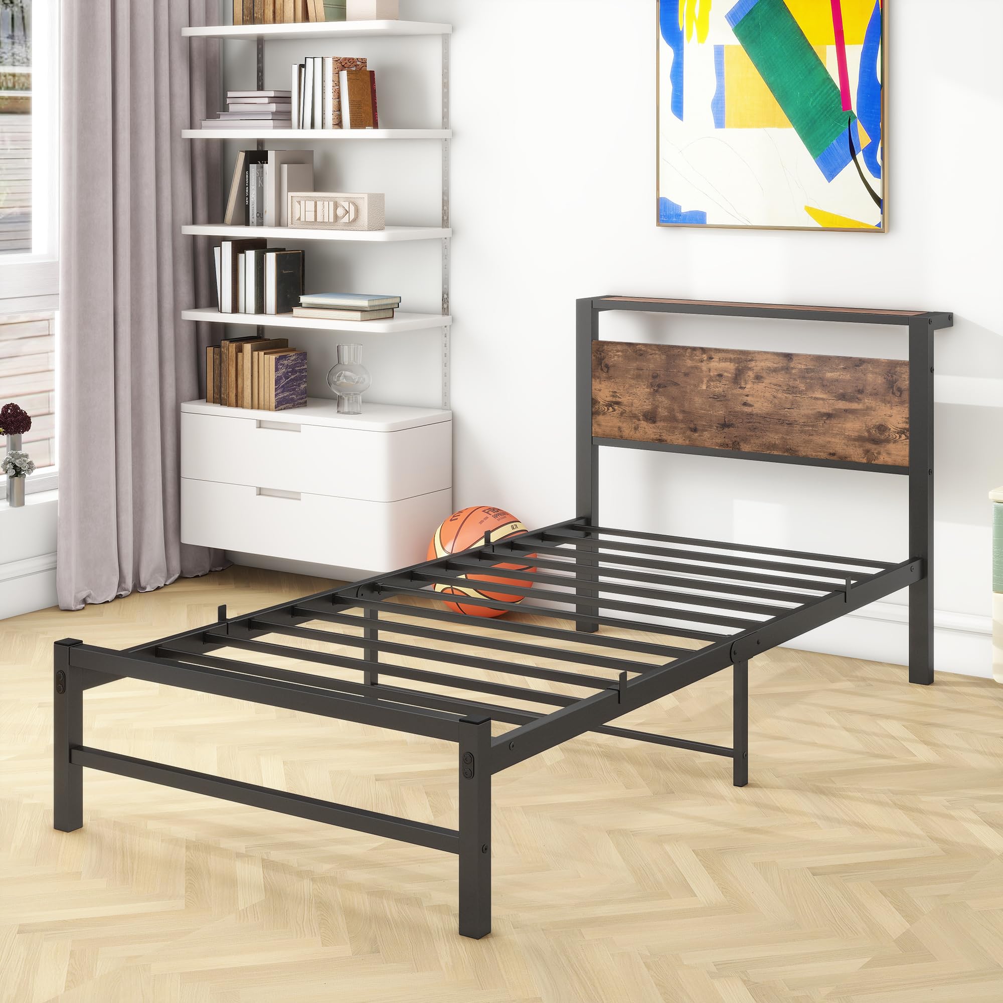 ARFARLY Twin Bed Frames Platform Bed Frame with Wood Storage Headboard No Box Spring Needed,Strong Slats Mattress Foundation,Easy Assembly,Black+Brown