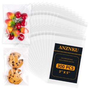 anznku 300 pcs 3x5 inches 2.8 mils clear cellophane bags, self sealing adhesive cellophane bags, resealable cellophane treat bags, clear plastic cello bags for packaging gifts, cookies, candy, favors