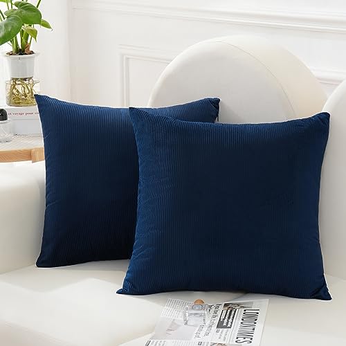 JIAHANNHA Velvet Navy Blue Throw Pillow Covers 18x18 Inches Set of 2 Soft Decorative Striped Design Square Cushion Covers for Couch Sofa Bed Livingroom Car,45x45Cm