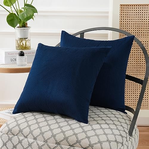 JIAHANNHA Velvet Navy Blue Throw Pillow Covers 18x18 Inches Set of 2 Soft Decorative Striped Design Square Cushion Covers for Couch Sofa Bed Livingroom Car,45x45Cm