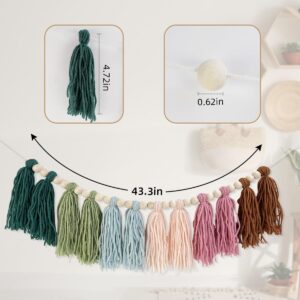 Rainbow Boho Tassel Garland with Wood Beads Colorful Wall Hanging Garland Party Baby Shower Decor Decorative Banner Pastel Tassel Garland for Kids Room Classroom Bedroom Nursery Home Decoration