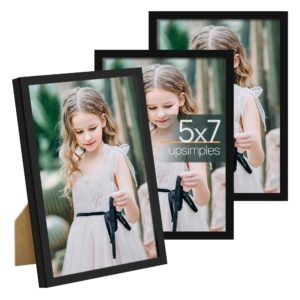 upsimples 5x7 picture frame set of 3, made of high definition glass for 5x7 black frames, wall and tabletop display thin border photo frame for home décor