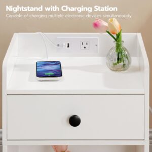 HOOBRO Nightstand with Charging Station, End Table with Drawer and Opening Shelf, Side Table with USB Ports and Outlets, Bedside Table for Bedroom, Small Night Stand Simple Style, White WT18UBZ01