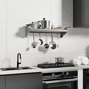 Halamine Stainless Steel Shelf 36 * 12 in, Stainless Steel Wall Shelf with 5 Hooks, Kitchen Shelf Wall Shelves Steel Floating Shelf for Kitchen, Commercial Restaurant, Laundry Room, Bar, Microwave