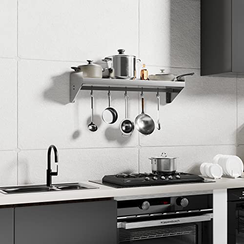 Halamine Stainless Steel Shelf 36 * 12 in, Stainless Steel Wall Shelf with 5 Hooks, Kitchen Shelf Wall Shelves Steel Floating Shelf for Kitchen, Commercial Restaurant, Laundry Room, Bar, Microwave