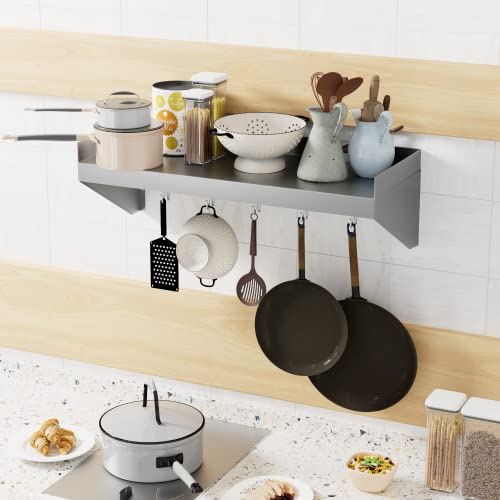 Halamine Stainless Steel Shelf 36 * 12 in, Stainless Steel Wall Shelf with 5 Hooks, Kitchen Shelf Wall Shelves Steel Floating Shelf for Kitchen, Commercial Restaurant, Laundry Room, Bar, Microwave