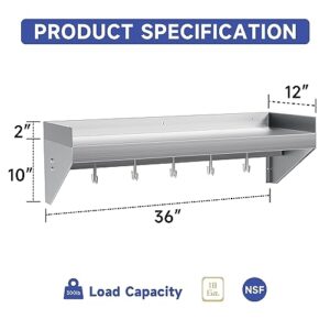 Halamine Stainless Steel Shelf 36 * 12 in, Stainless Steel Wall Shelf with 5 Hooks, Kitchen Shelf Wall Shelves Steel Floating Shelf for Kitchen, Commercial Restaurant, Laundry Room, Bar, Microwave