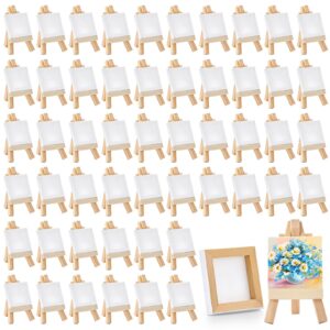 colarr 2 x 2 inch 50 pack mini canvas easel set stretched canvases for painting mini canvas and wood display easel with smooth back for kids beginners painting class party decoration miniature artwork