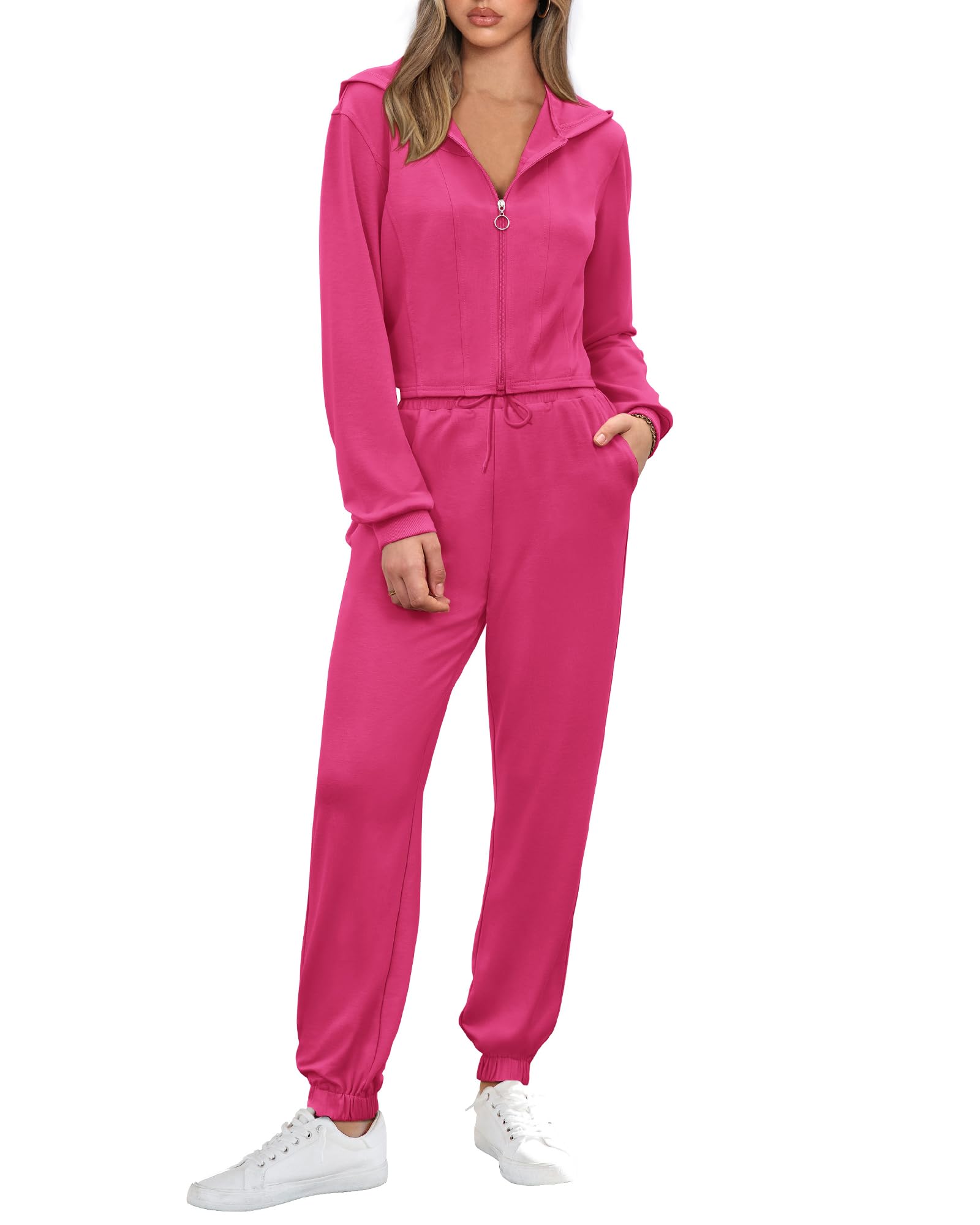 KIRUNDO Women's Fall Two Piece Outfit Long Sleeve Cropped Hoodie Jacket Long Pants Tracksuit Sweatsuits Jogger Set Hot Pink