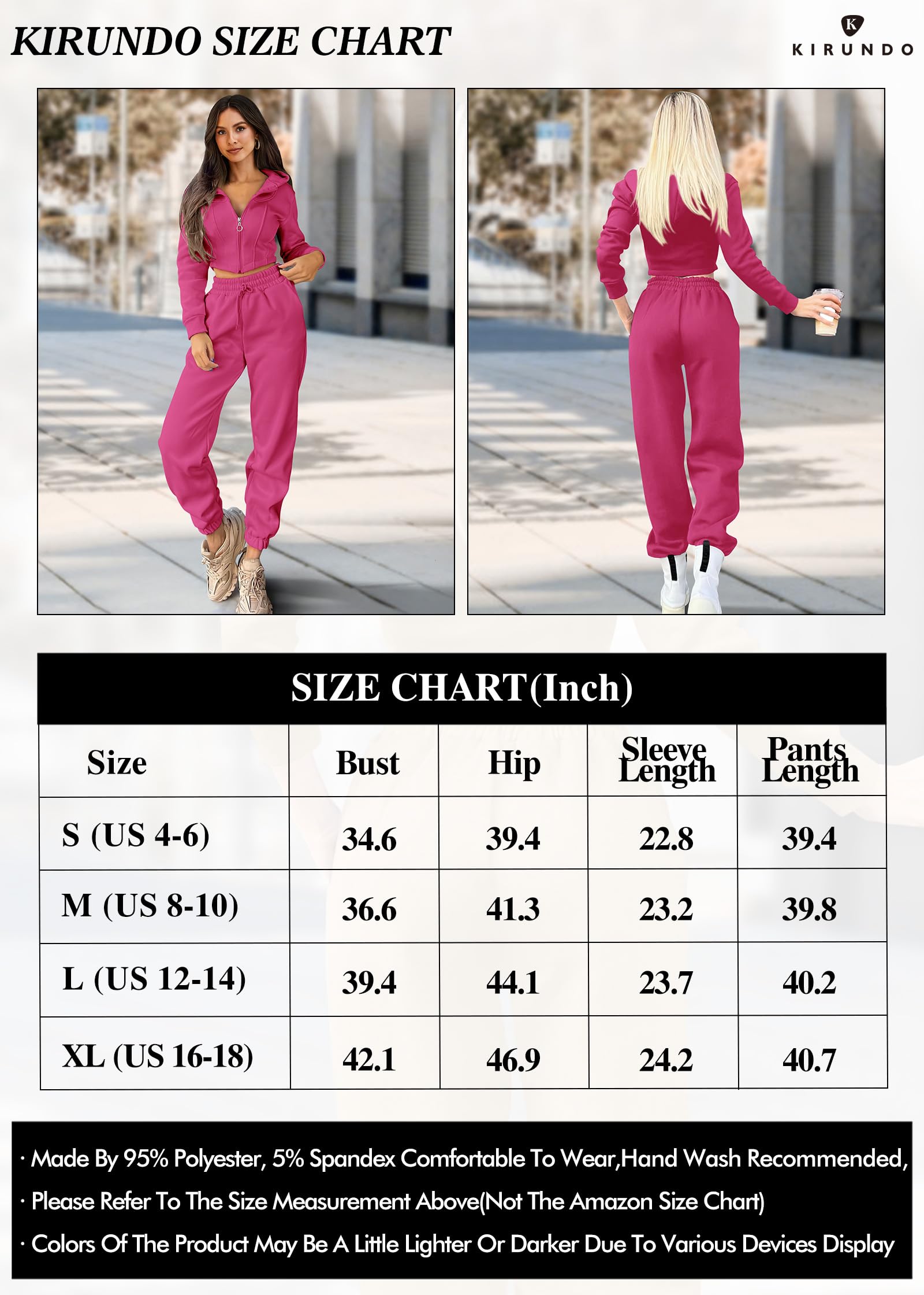 KIRUNDO Women's Fall Two Piece Outfit Long Sleeve Cropped Hoodie Jacket Long Pants Tracksuit Sweatsuits Jogger Set Hot Pink