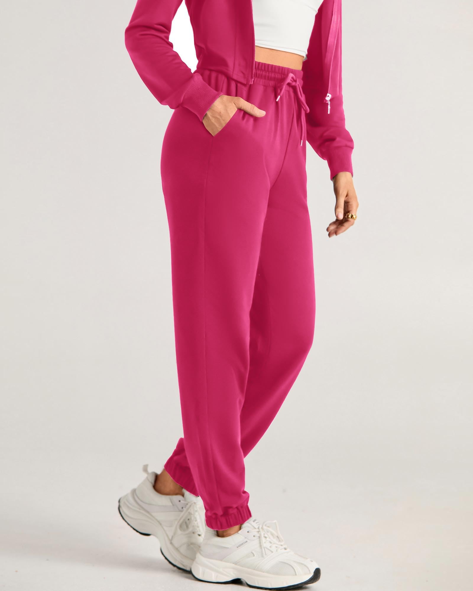 KIRUNDO Women's Fall Two Piece Outfit Long Sleeve Cropped Hoodie Jacket Long Pants Tracksuit Sweatsuits Jogger Set Hot Pink