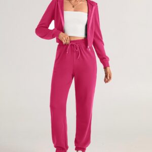 KIRUNDO Women's Fall Two Piece Outfit Long Sleeve Cropped Hoodie Jacket Long Pants Tracksuit Sweatsuits Jogger Set Hot Pink