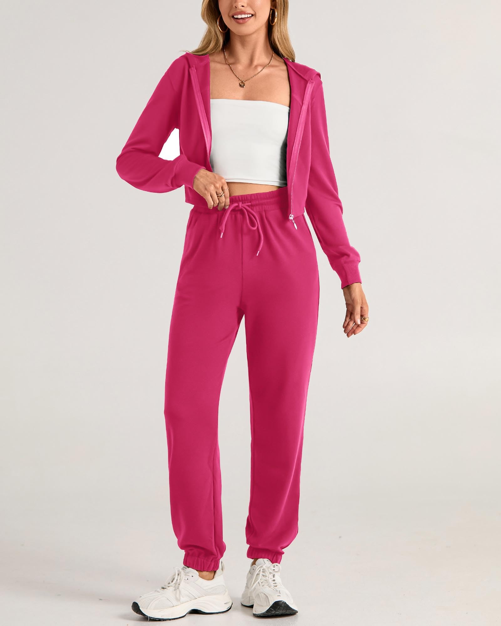 KIRUNDO Women's Fall Two Piece Outfit Long Sleeve Cropped Hoodie Jacket Long Pants Tracksuit Sweatsuits Jogger Set Hot Pink