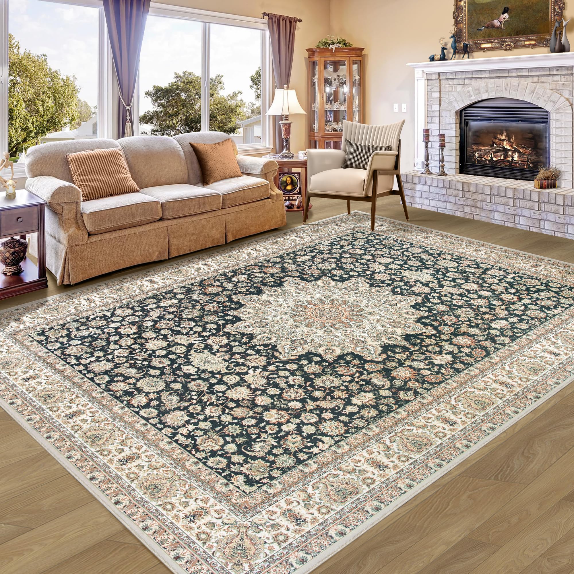 Washable Rug Living Room Rugs: 8x10 Area rugs Large Machine Washable Non Slip Carpet Soft Floral luxury Thin Carpets for Dining Room Farmhouse Bedroom Nursery Home Office Dark Blue Beige