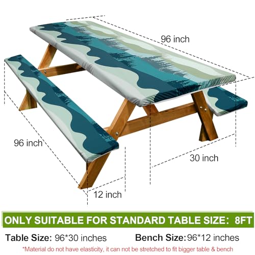 Picnic Table Cover with Bench Covers Camping Essentials Waterproof Windproof Camping Tablecloth with Drawstring Bag, Fitted Rectangle Tables and Seats, 96in, Green Blue