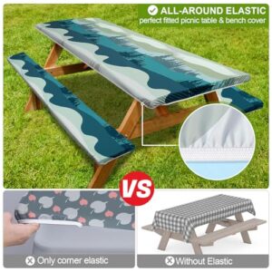 Picnic Table Cover with Bench Covers Camping Essentials Waterproof Windproof Camping Tablecloth with Drawstring Bag, Fitted Rectangle Tables and Seats, 96in, Green Blue