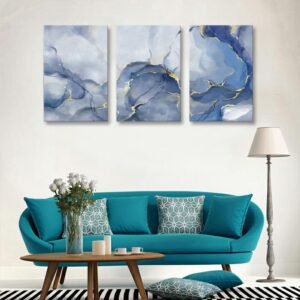 Blue and Gold Abstract Wall Art Modern Watercolor Painting Fluid Ink Canvas Print Artwork Decor for Living Room Bedroom Home Decoration