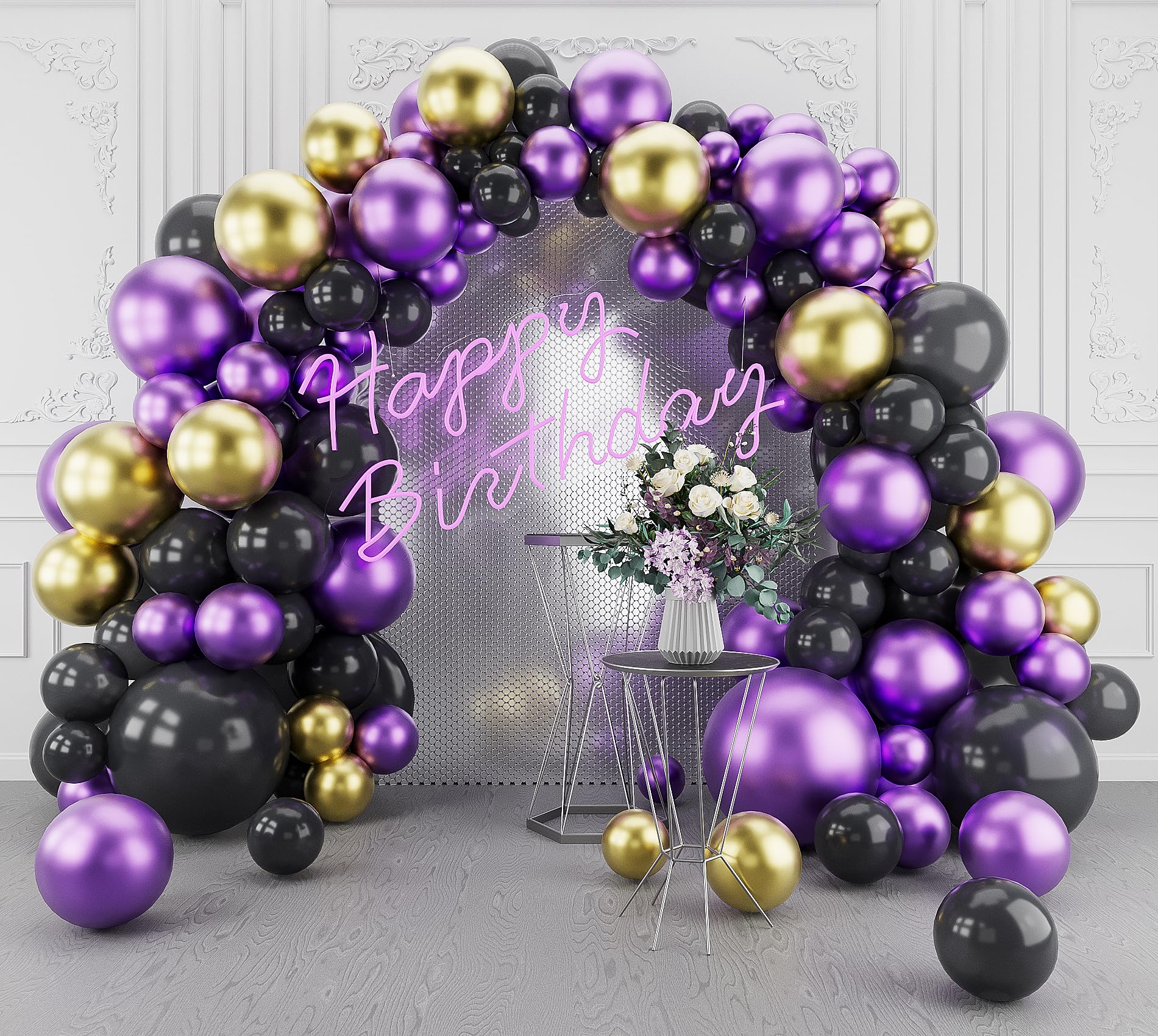 Metallic Purple Black Balloons Garland Arch Kit-143Pcs for Baby Shower, Birthday, Graduation, Engagement, Anniversary with Black & Gold Accents