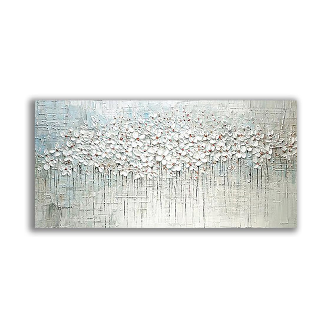 3D Knife Abstract White Flowers Oil Painting Handpainted On Canvas Living Room Salon Home Decoration Painting,27inx54in,No Frame