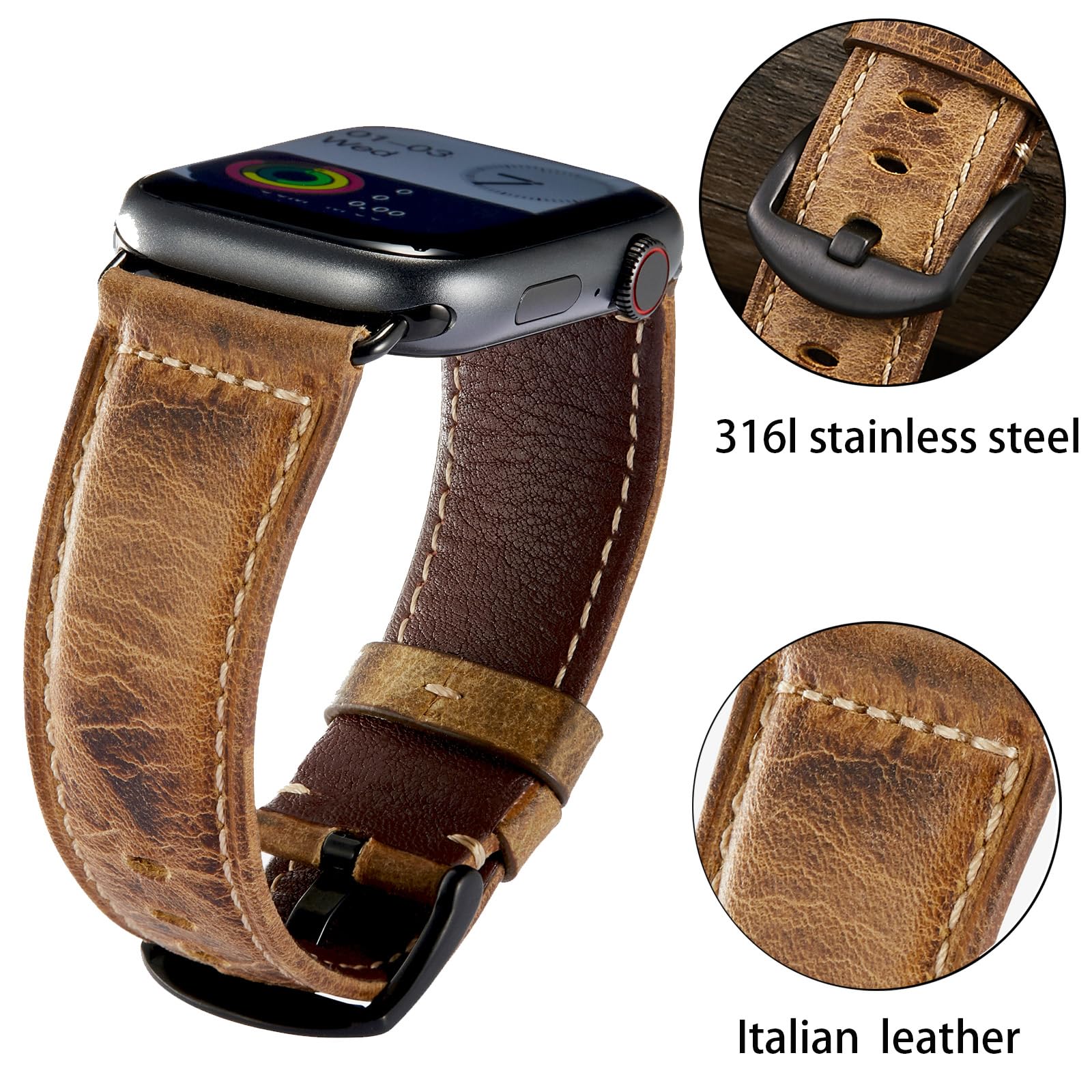 Gitalian Leather Band Compatible with Apple Watch Ultra 2 Ultra Band 49mm 45mm 44mm 42mm for Men, Genuine Leather Strap for iWatch Series 9 8 7 6 5 4 3 2 1 SE2 SE, Crazy Horse Light Brown