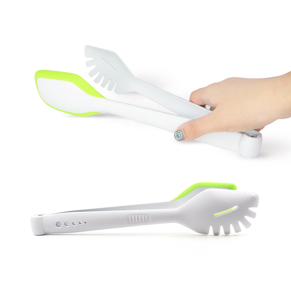 Grand Fusion 5 in 1 Tongs. Serving Set for Pasta or Salad, Herb Stripper, Sauce Spoon, Spatula - Scrapper,Fork and Spoon Spatula Grips. Heat Resistant, Non-Stick, and BPA Free