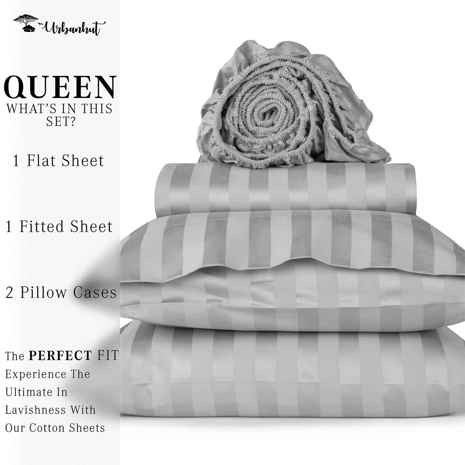 URBANHUT 800 Thread Count Egyptian Cotton Damask Striped Queen Size Sheets Set (4 Pc) - Ultra Soft & Smooth, Sateen Weave Queen Size Sheets, Luxury Hotel Sheets with 16" Deep Pocket - Silver Grey