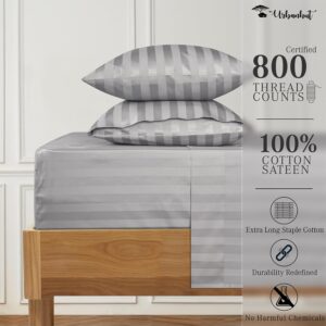 URBANHUT 800 Thread Count Egyptian Cotton Damask Striped Queen Size Sheets Set (4 Pc) - Ultra Soft & Smooth, Sateen Weave Queen Size Sheets, Luxury Hotel Sheets with 16" Deep Pocket - Silver Grey