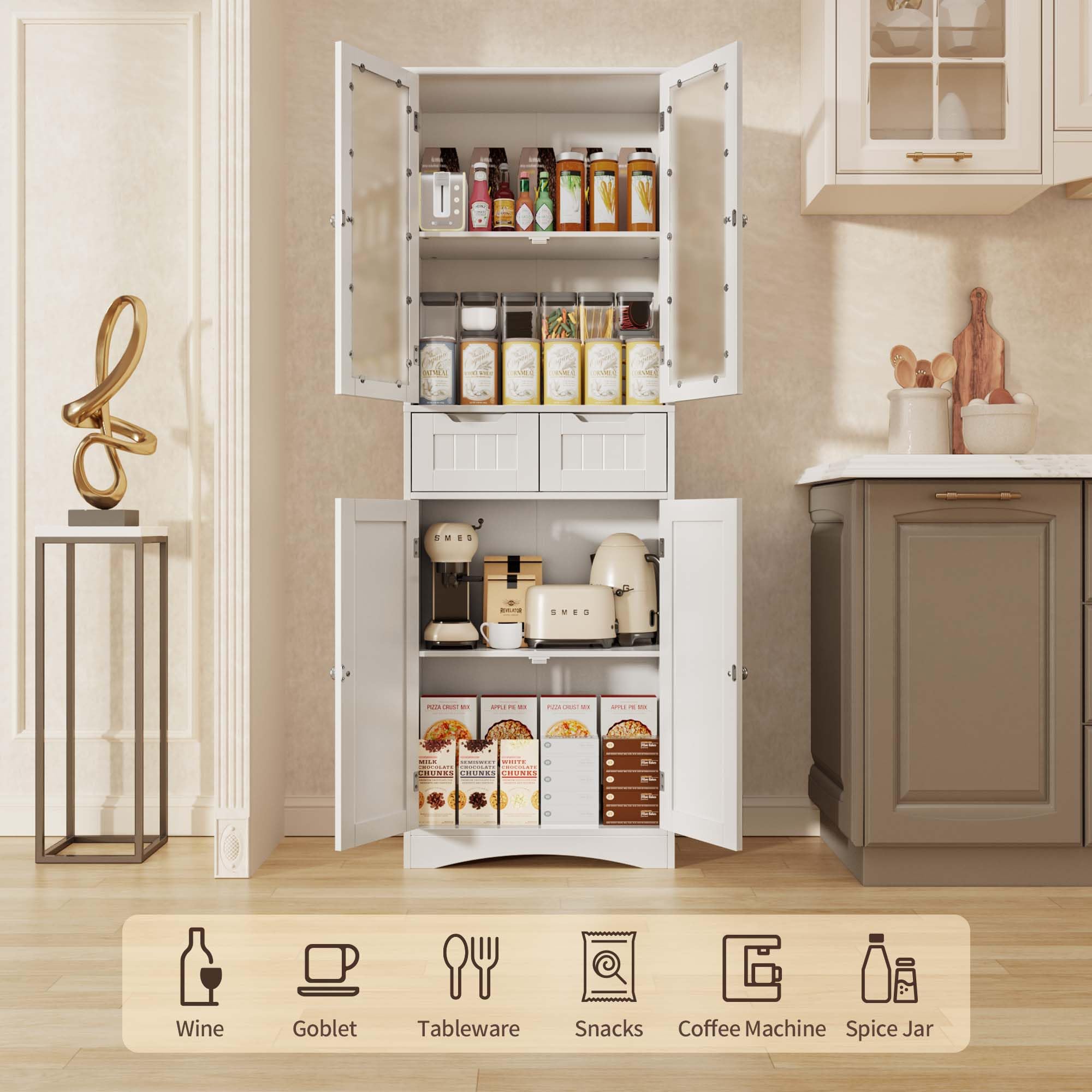 Gizoon Tall Kitchen Storage Cabinet with 2 Drawers, Freestanding Pantry Cabinet with Glass Doors, Large Modern Cupboard for Home Kitchen, Bathroom, Living Room, Office, White