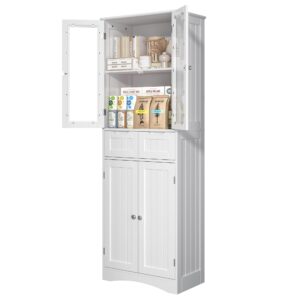 Gizoon Tall Kitchen Storage Cabinet with 2 Drawers, Freestanding Pantry Cabinet with Glass Doors, Large Modern Cupboard for Home Kitchen, Bathroom, Living Room, Office, White