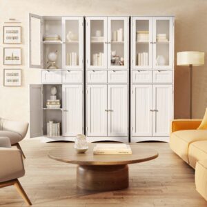 Gizoon Tall Kitchen Storage Cabinet with 2 Drawers, Freestanding Pantry Cabinet with Glass Doors, Large Modern Cupboard for Home Kitchen, Bathroom, Living Room, Office, White