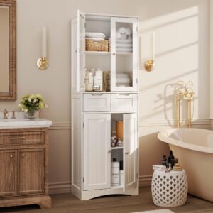 Gizoon Tall Kitchen Storage Cabinet with 2 Drawers, Freestanding Pantry Cabinet with Glass Doors, Large Modern Cupboard for Home Kitchen, Bathroom, Living Room, Office, White